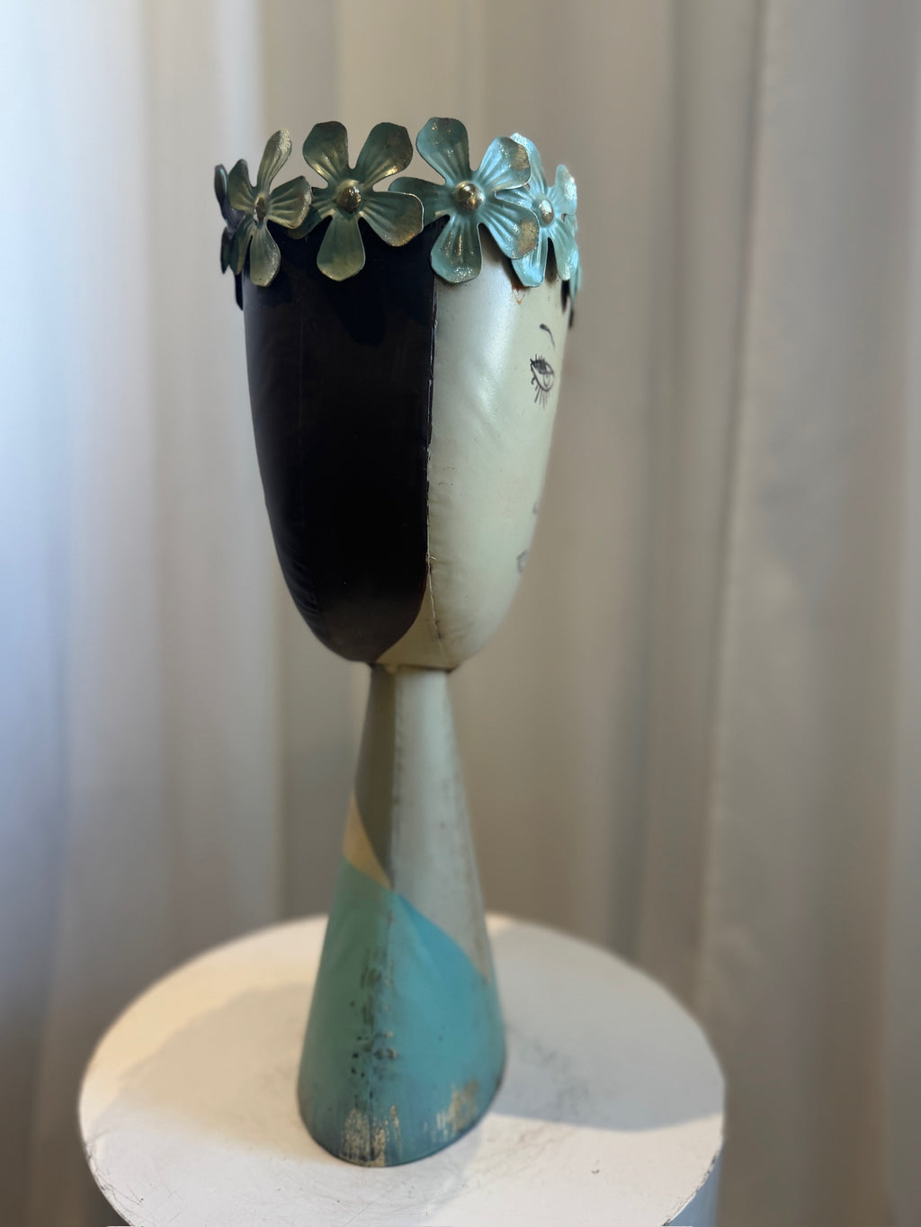 Whimsical Mid-Century Modern Metal Female Bust Planter with Aqua Floral Crown – Hand-Painted Folk Art Sculpture. hommes + gardens estudio