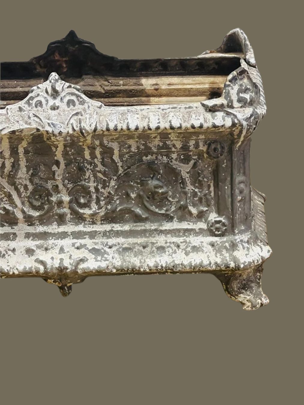 French 19th-century antique cast iron urn planter in Rococo style with ornate detailing, distressed patina, and sculptural clawed base — Hommes and Gardens, Pots + Planters Collection, Landscape Architect, Interior Designer, Outdoor Living, Art, Furniture, Objects, Best Gifts, Nature, Backyard, Yard, Outdoor Decorations, Home Decor, Home Design, Luxury Design.