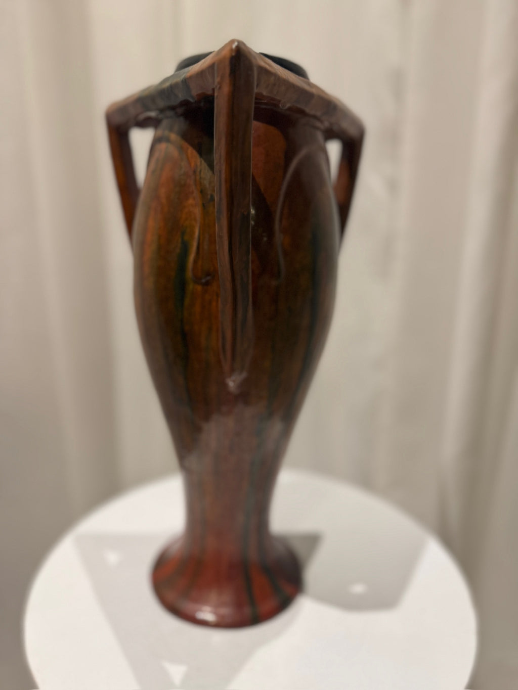 Rare Vintage French Art Nouveau Pottery Vase with Sculptural Triangular Handles & Drip Glaze - back view, showcasing unique design. hommes + gardens estudio.