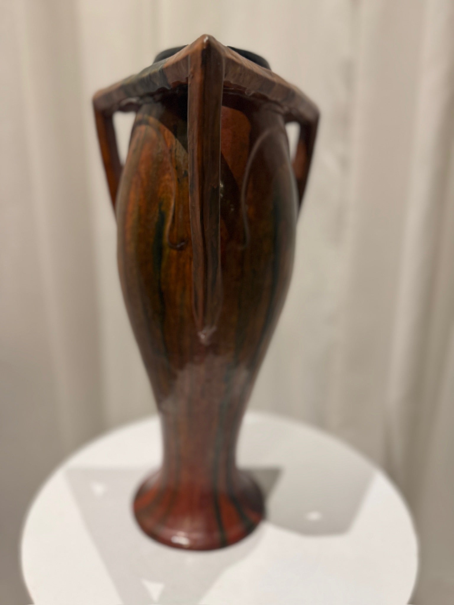 Rare Vintage French Art Nouveau Pottery Vase with Sculptural Triangular Handles & Drip Glaze - back view, showcasing unique design. hommes + gardens estudio.