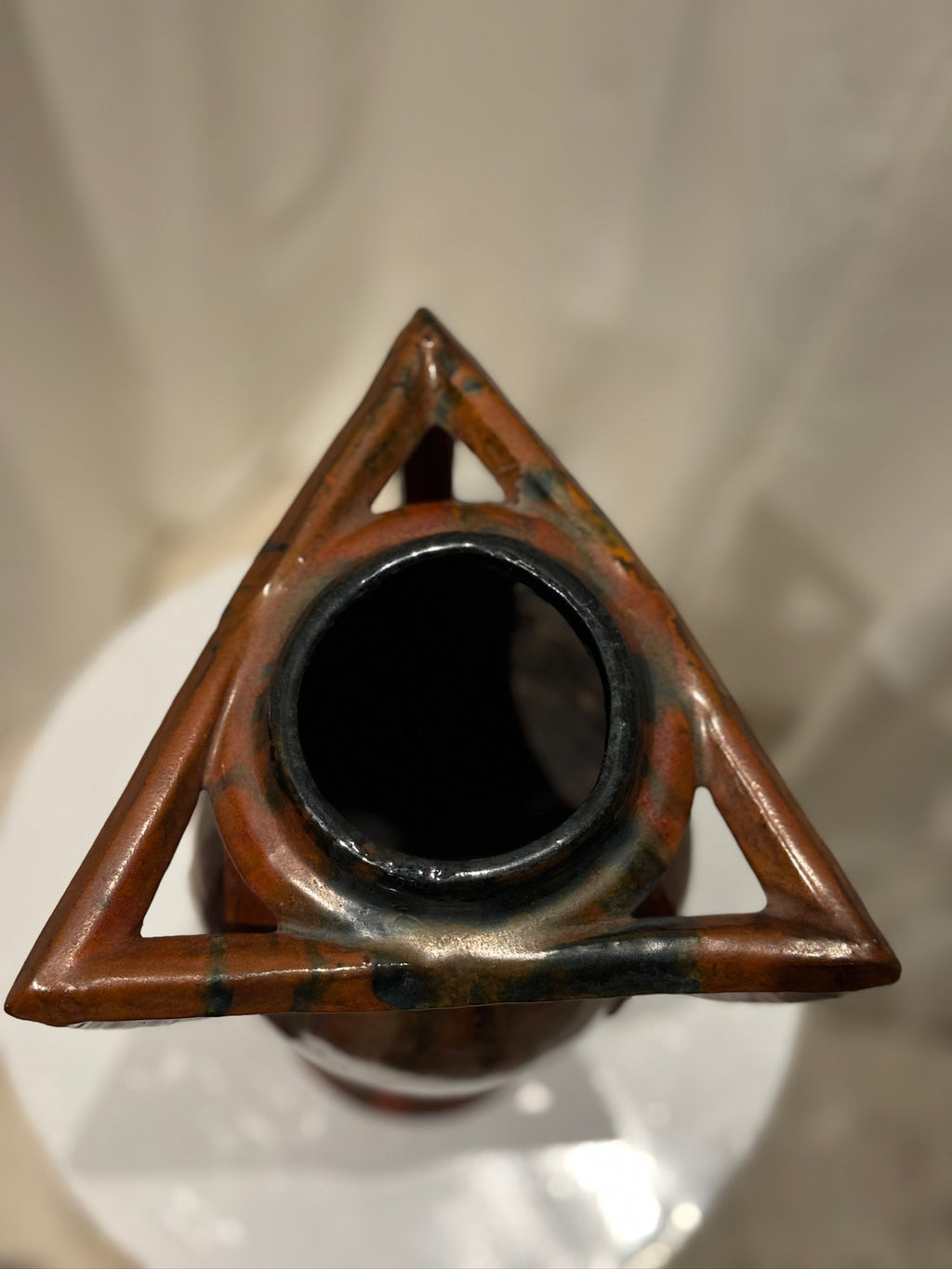 Rare Vintage French Art Nouveau Pottery Vase with Sculptural Triangular Handles & Drip Glaze from above, showing rich glaze, hommes + gardens estudio.