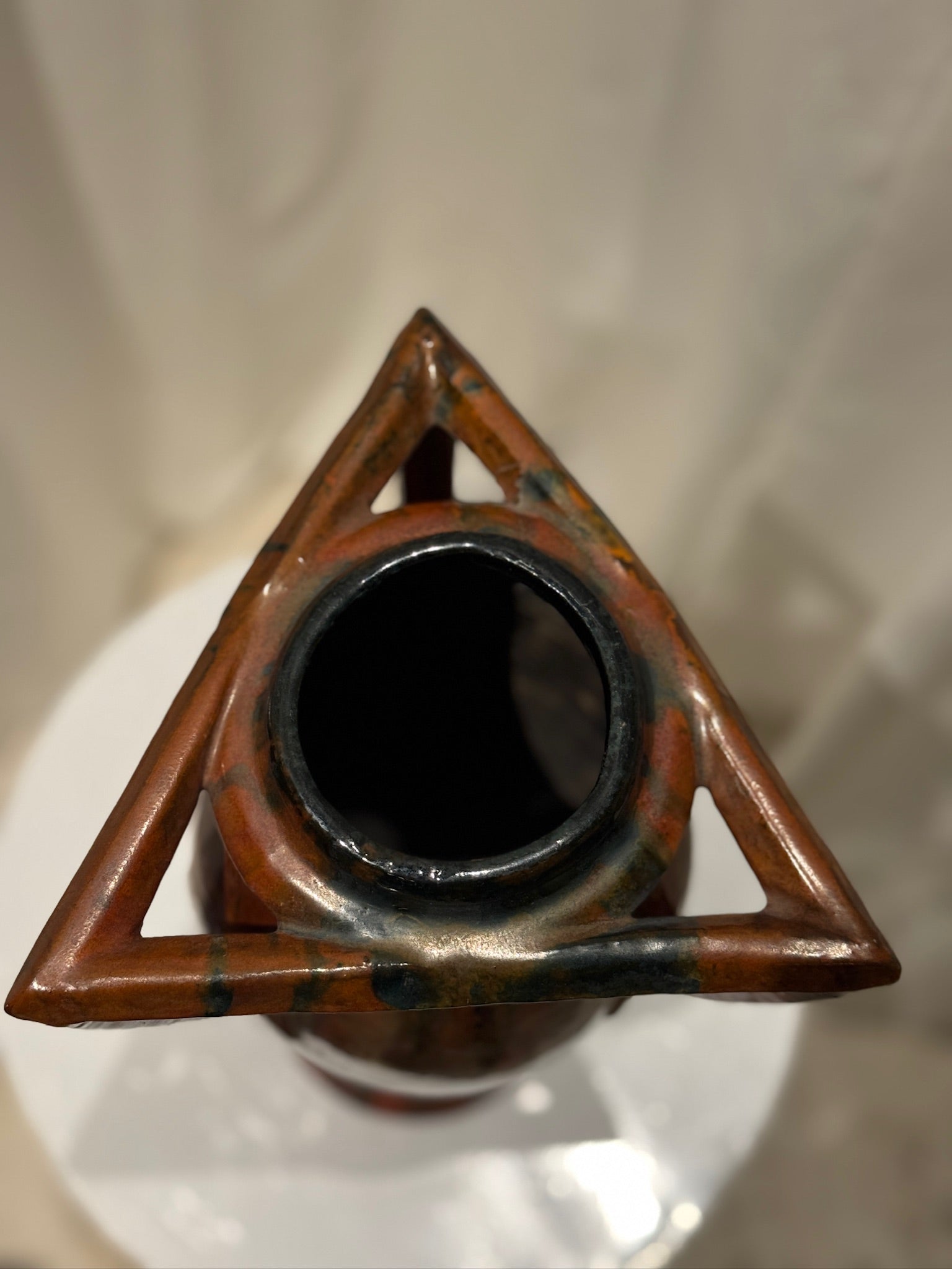 Rare Vintage French Art Nouveau Pottery Vase with Sculptural Triangular Handles & Drip Glaze from above, showing rich glaze, hommes + gardens estudio.