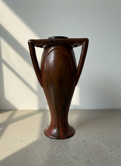 Rare vintage French Art Nouveau pottery vase with sculptural triangular handles and flowing drip glaze in earthy brown and green tones, handmade collectible decorative object — Hommes and Gardens, Home Decor Collection, Antiques & Collectibles, Decorative Objects, Vases, landscape design, plant design, Landscape Architect, Interior Designer, Outdoor Living, Outdoor Decorations, Home Design, Luxury Design, Art, Furniture, Objects, Best Gifts, Nature, Backyard, Yard.