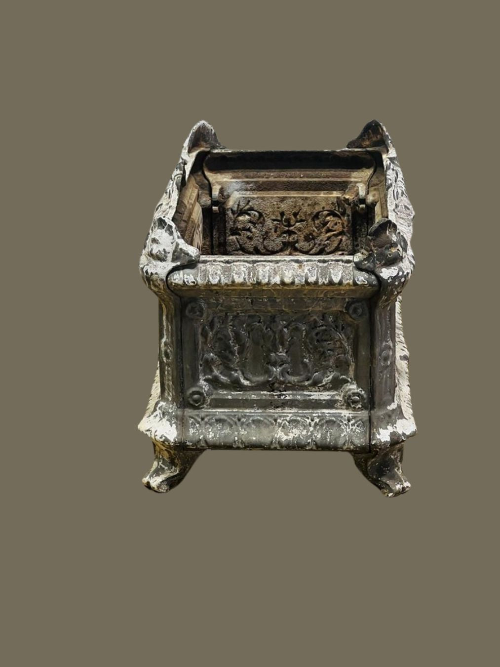 French cast iron antique garden urn with Rococo detailing and weathered finish, refined 19th-century planter embodying European sophistication — Hommes and Gardens, Pots + Planters Collection, Landscape Architect, Interior Designer, Outdoor Living, Art, Furniture, Objects, Best Gifts, Nature, Backyard, Yard, Outdoor Decorations, Home Decor, Home Design, Luxury Design.