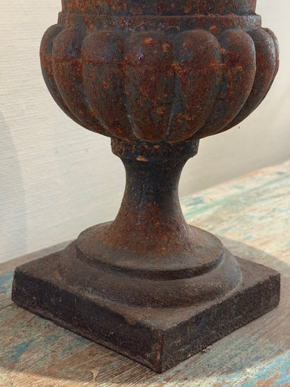Close-up of antique French neoclassical urn planter highlighting aged cast iron texture and natural patina — Hommes and Gardens, Pots + Vessels collection, landscape design, Outdoor Decorations, Home Design, Luxury Design, Best Gifts, Yard.