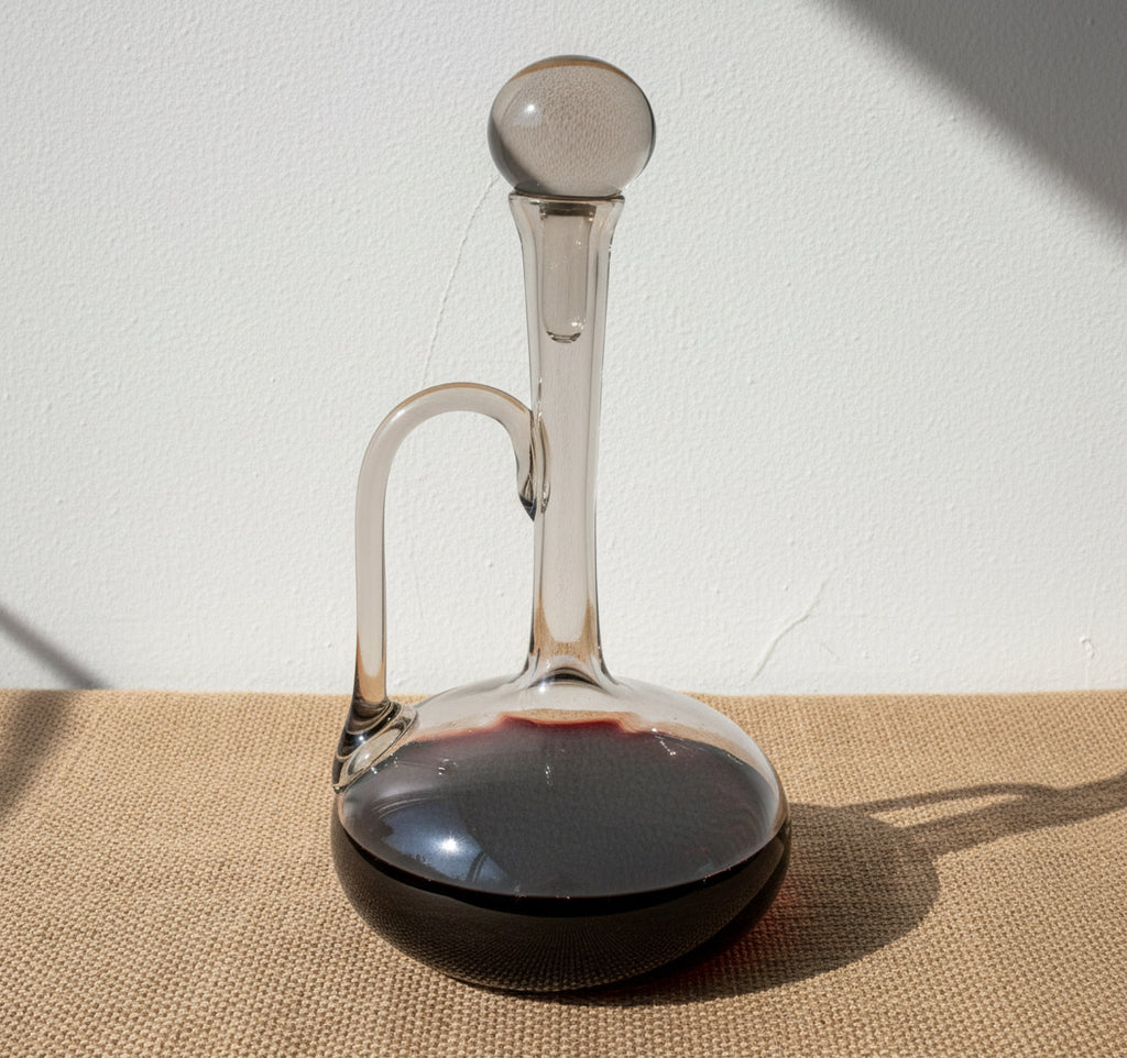 Mid-Century French Hand-Blown Smoke Glass Wine Decanter with Sculptural Handle - elegant design, smoky glass, refined shape, hommes + gardens estudio.
