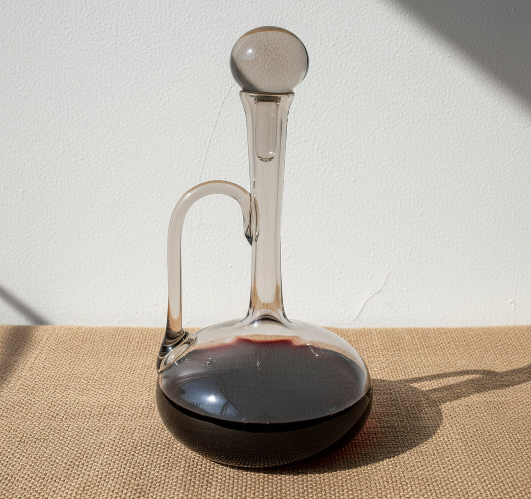 Mid-Century French Hand-Blown Smoke Glass Wine Decanter with Sculptural Handle - elegant design, smoky glass, refined shape, hommes + gardens estudio.