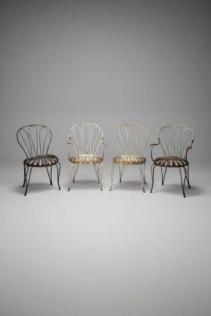 French vintage François Carré garden furniture set featuring intricate wrought iron chairs and matching table, elegant and collectible outdoor decor — Hommes and Gardens, Furniture Collection, Outdoor Furniture Sets, Vintage Garden Art, French Patio Furniture, Iron Craftsmanship, Restoration Piece, Designer Outdoor Set.