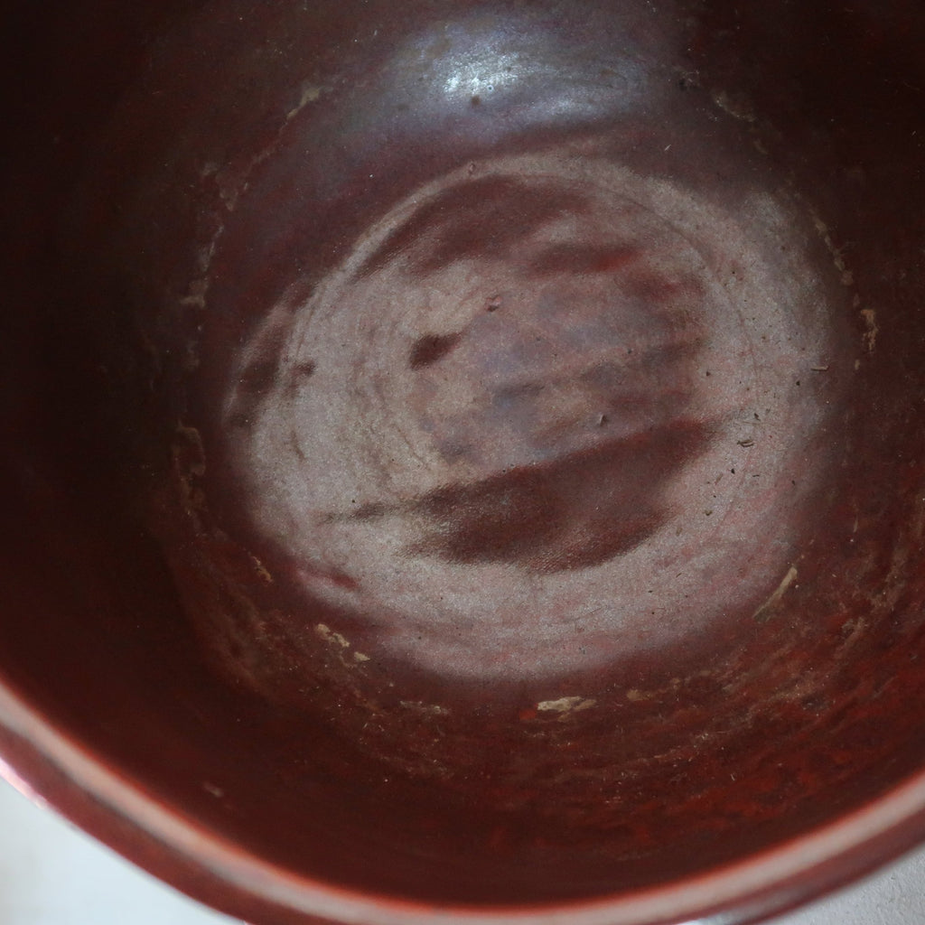 Gay Schempp Asian-inspired ceramic pot in deep maroon glaze with gray script detailing, handcrafted and signed pottery piece — Hommes and Gardens, home decor, outdoor decorations, home design, luxury design, Landscape Architect, Interior Designer, Outdoor Living, Art, Furniture, Objects, Best Gifts, Nature, Backyard, Yard.