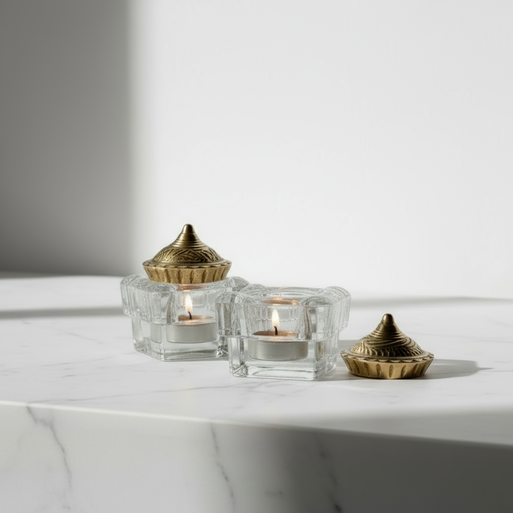 Set of 2 glass tealight holders with elegant gold-colored lids, designed to create a warm, cozy ambiance with timeless sophistication — Hommes and Gardens, Smoke + Fire Collection, Home Decor, Outdoor Decorations, Landscape Architect, Interior Designer, Outdoor Living, Home Design, Luxury Design, Art, Furniture, Objects, Best Gifts, Nature, Backyard, Yard.