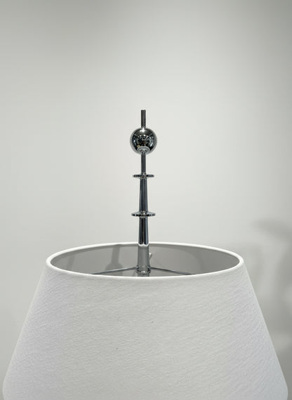 Close-up of Global Views stainless steel floor lamp showing polished finish, dual socket fixture, and white fabric shade — Hommes and Gardens, Home Decor Collection, Lighting, landscape design, plant design, Landscape Architect, Interior Designer, Outdoor Living, Outdoor Decorations, Home Design, Luxury Design, Art, Furniture, Objects, Best Gifts, Nature, Backyard, Yard.