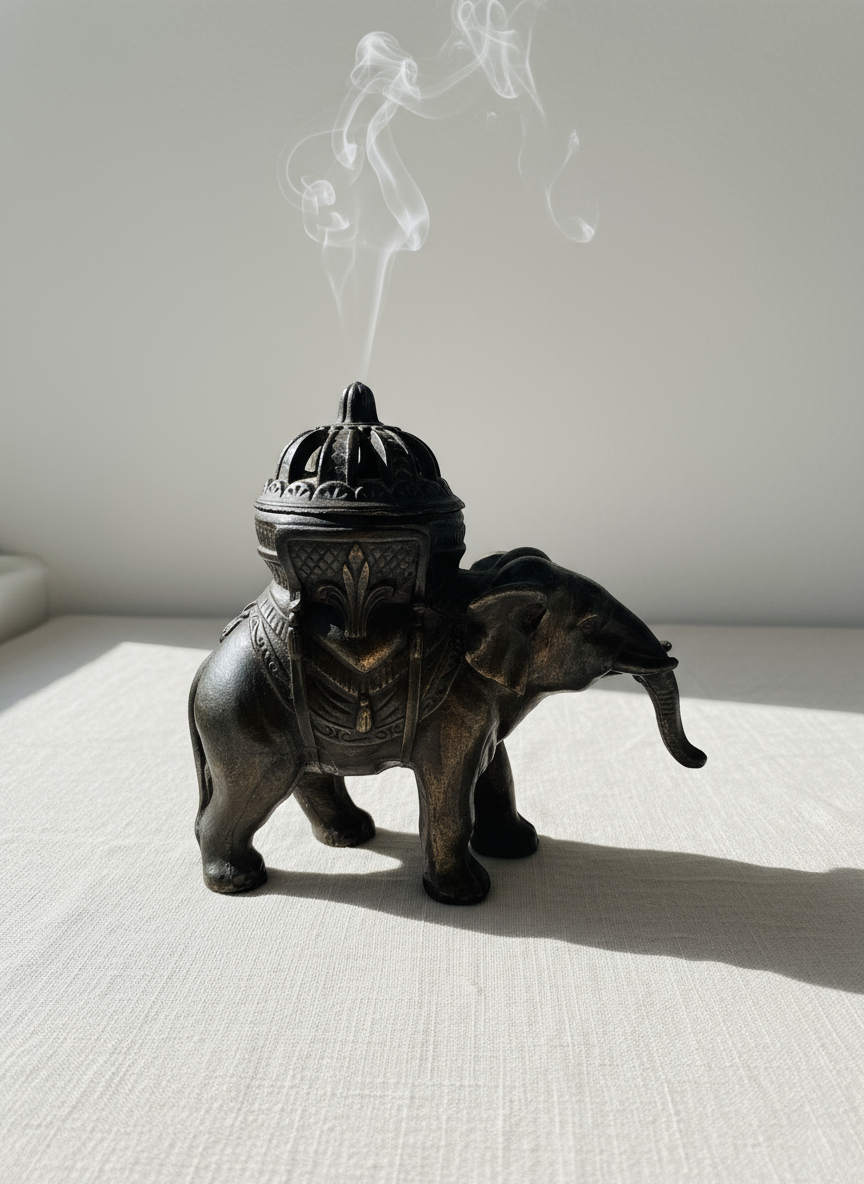 Good Luck Elephant censer inspired by Japanese artistry, featuring a finely carved elephant design with incense chamber for creating a serene aromatic atmosphere — Hommes and Gardens, Smoke + Fire Collection, Fauna Collection, Home Decor, Outdoor Decorations, Landscape Architect, Interior Designer, Outdoor Living, Home Design, Luxury Design, Art, Furniture, Objects, Best Gifts, Nature, Backyard, Yard.