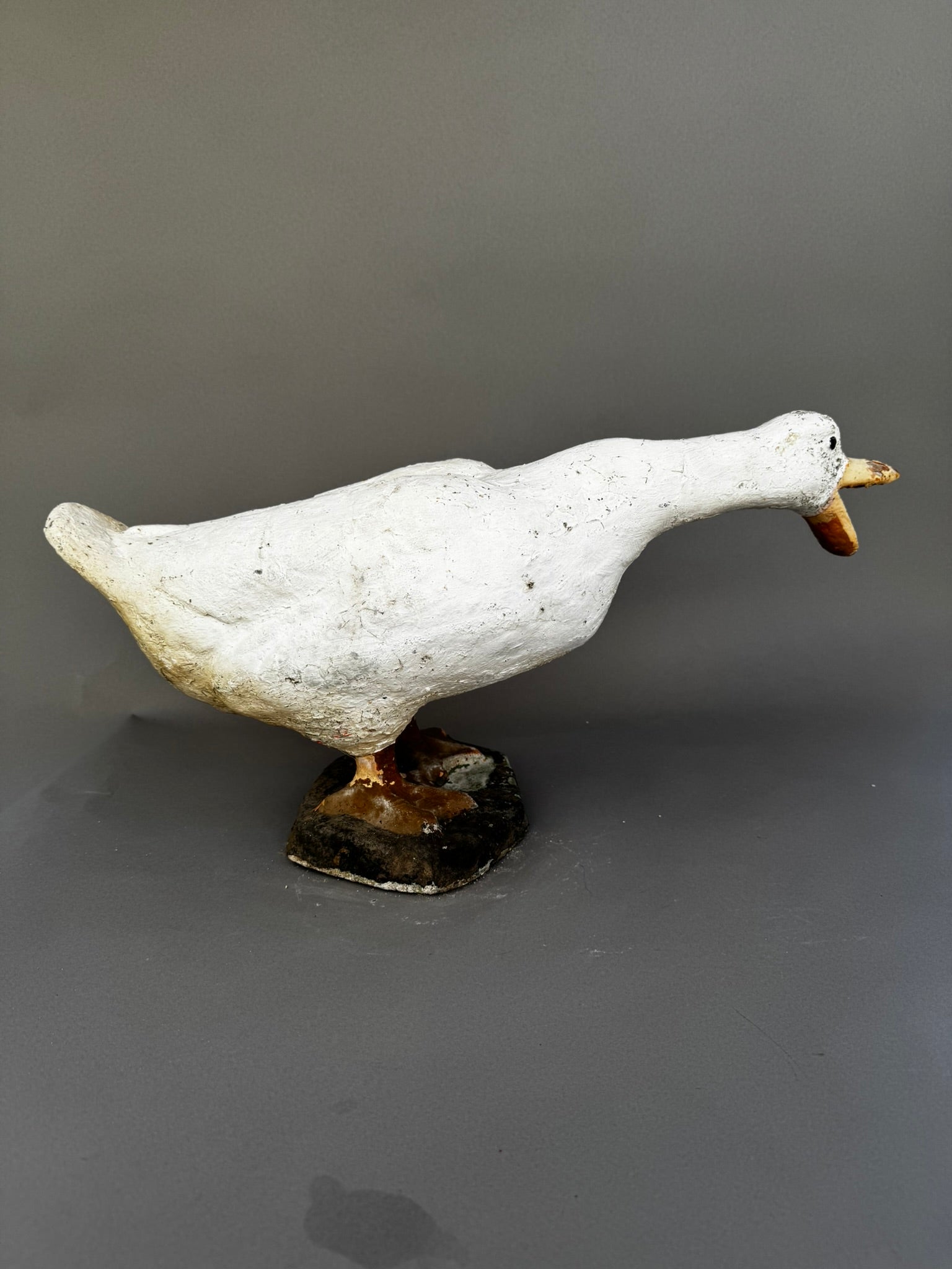 Vintage Concrete Goose Doorstop – Hand-Painted Folk Art Sculpture in Quacking Pose, whimsical home decor. hommes + gardens estudio.