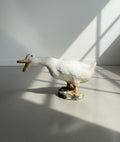 Vintage Concrete Goose Doorstop – Hand-Painted Folk Art Sculpture in Quacking Pose from hommes + gardens estudio.