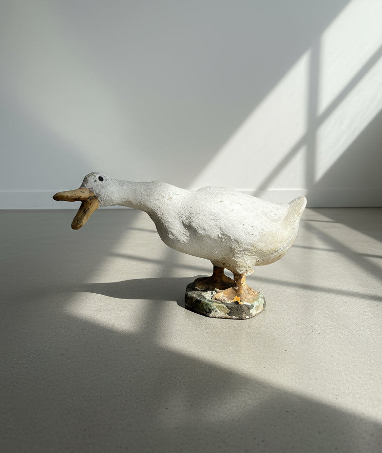 Vintage Concrete Goose Doorstop – Hand-Painted Folk Art Sculpture in Quacking Pose from hommes + gardens estudio.