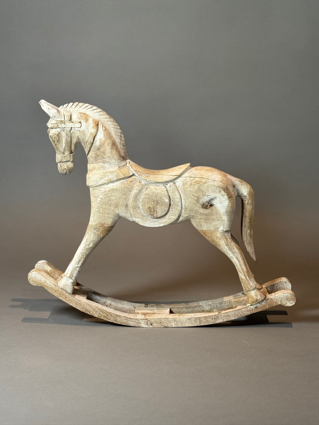 Antique Hand-Carved Wooden Rocking Horses – Rustic Folk Art Pair, 23” & 15.5”. hommes + gardens estudio.