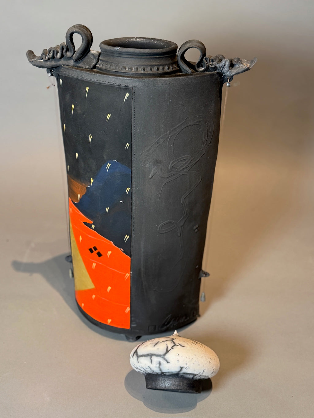 Striking Signed Hand-Painted Sculptural Ceramic Jar with Lid featuring geometric design and rich black finish, hommes + gardens estudio.