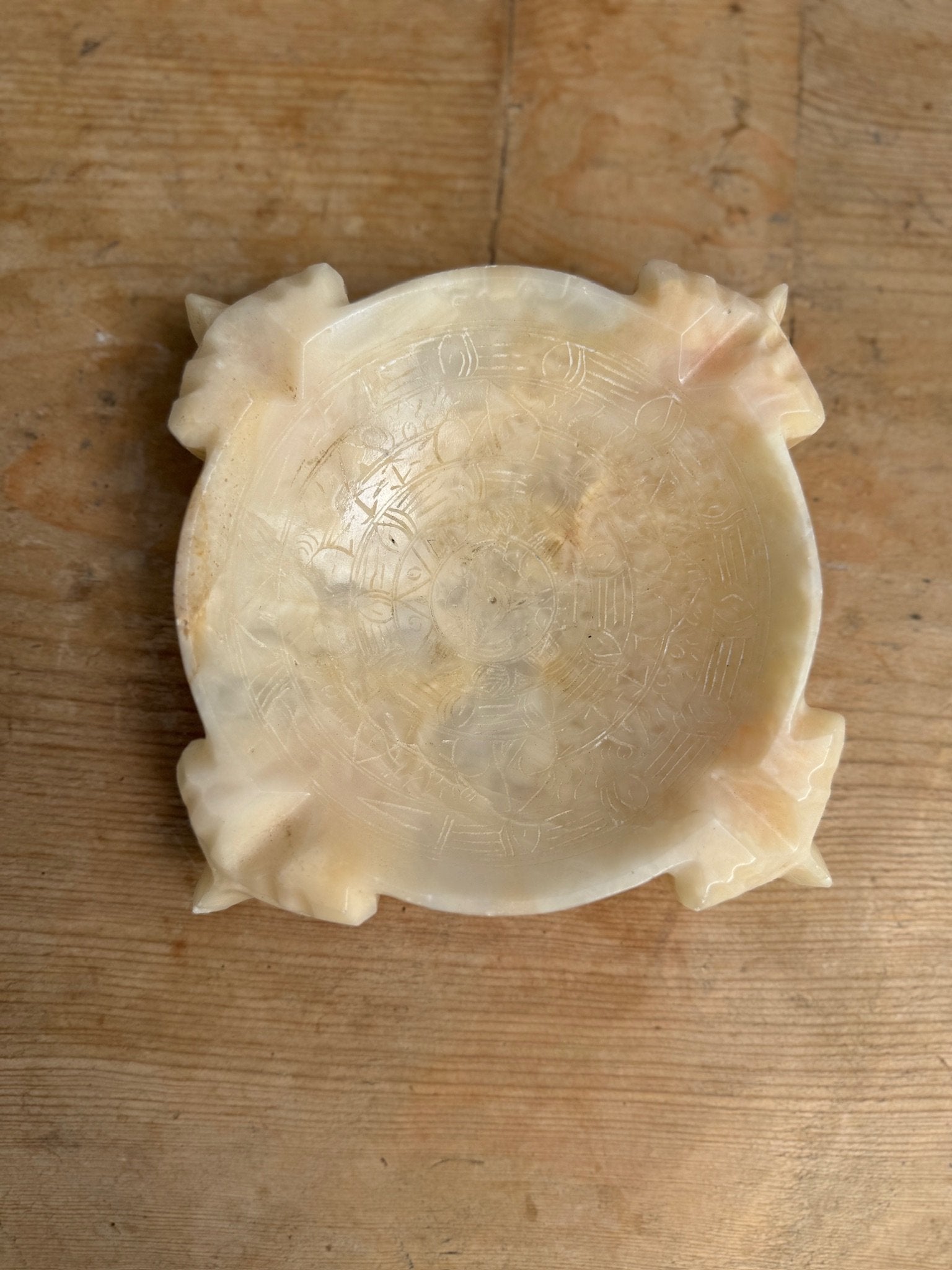 Vintage Onyx Stone Handcarved Aztec Mayan Ashtray 6x6 with intricate carvings and natural tones, hommes + gardens estudio.