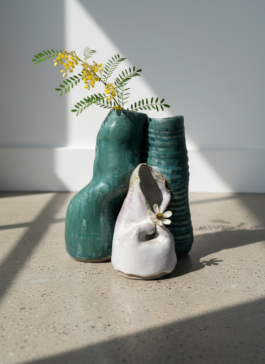 Handcrafted ceramic sculpture featuring interconnected organic forms with contrasting green and off-white glazes, an abstract textural art piece showcasing contemporary craftsmanship — Hommes and Gardens, Pots + Vessels Collection, Home Decor, Landscape Architect, Interior Designer, Outdoor Living, Outdoor Decorations, Home Design, Luxury Design, Art, Furniture, Objects, Best Gifts, Nature, Backyard, Yard.