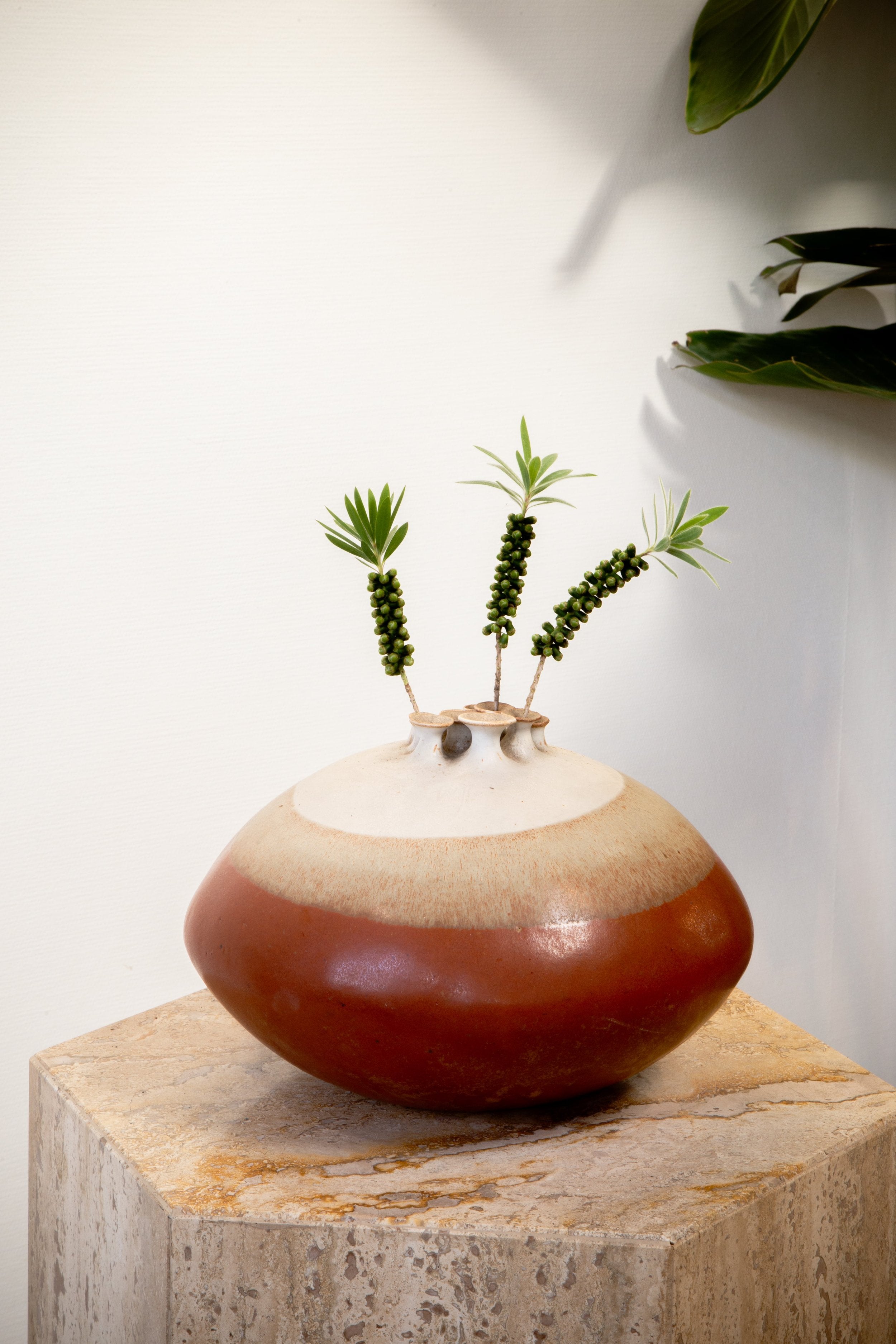 Handcrafted ceramic weedpot with multiple openings, artist-signed mid-century pottery piece perfect for floral styling — Hommes and Gardens, Objects, Pots + Planters Collection, home decor, outdoor decorations, home design, luxury design, Landscape Architect, Interior Designer, Outdoor Living, Art, Furniture, Objects, Best Gifts, Nature, Backyard, Yard.