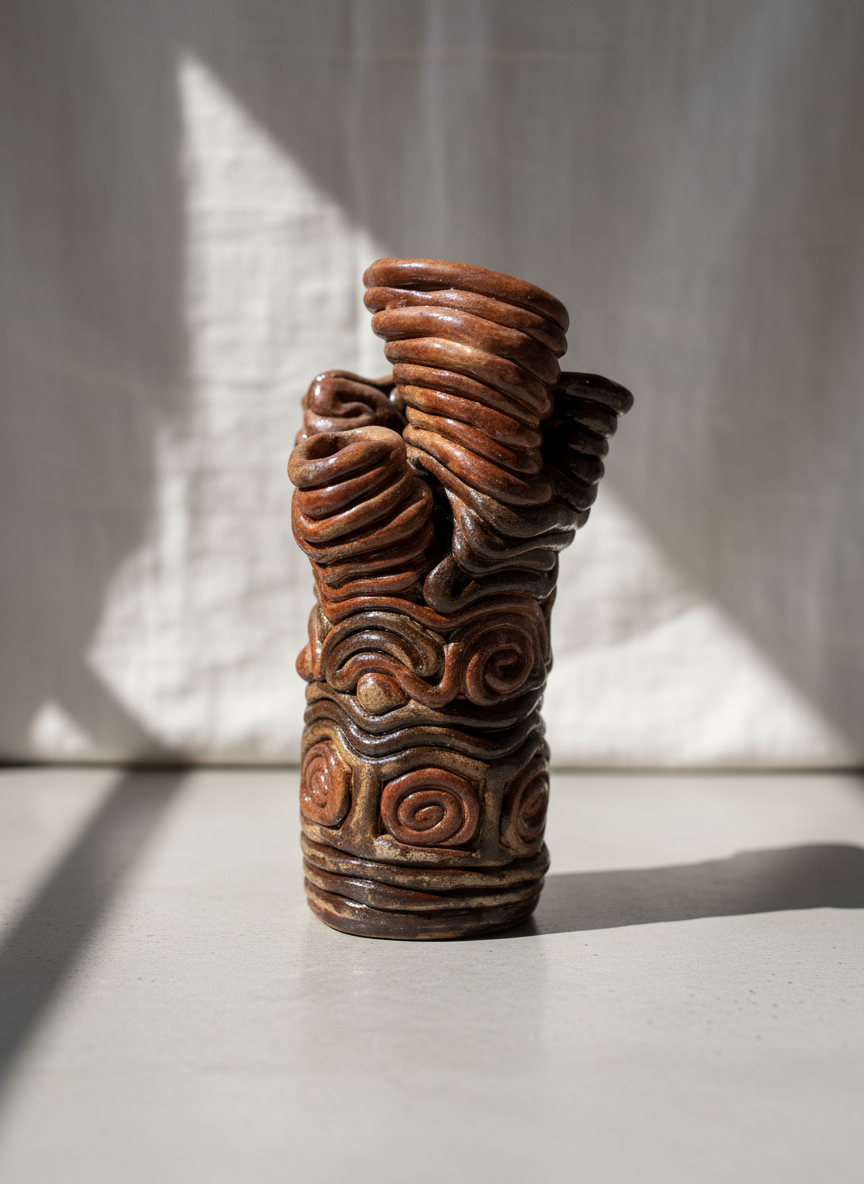 Unique handcrafted clay swirl sculptural vase with four organic openings and earthy glaze tones, an abstract contemporary art pottery piece — Hommes and Gardens, Pots + Vessels Collection, Home Decor, Landscape Architect, Interior Designer, Outdoor Living, Outdoor Decorations, Home Design, Luxury Design, Art, Furniture, Objects, Best Gifts, Nature, Backyard, Yard.