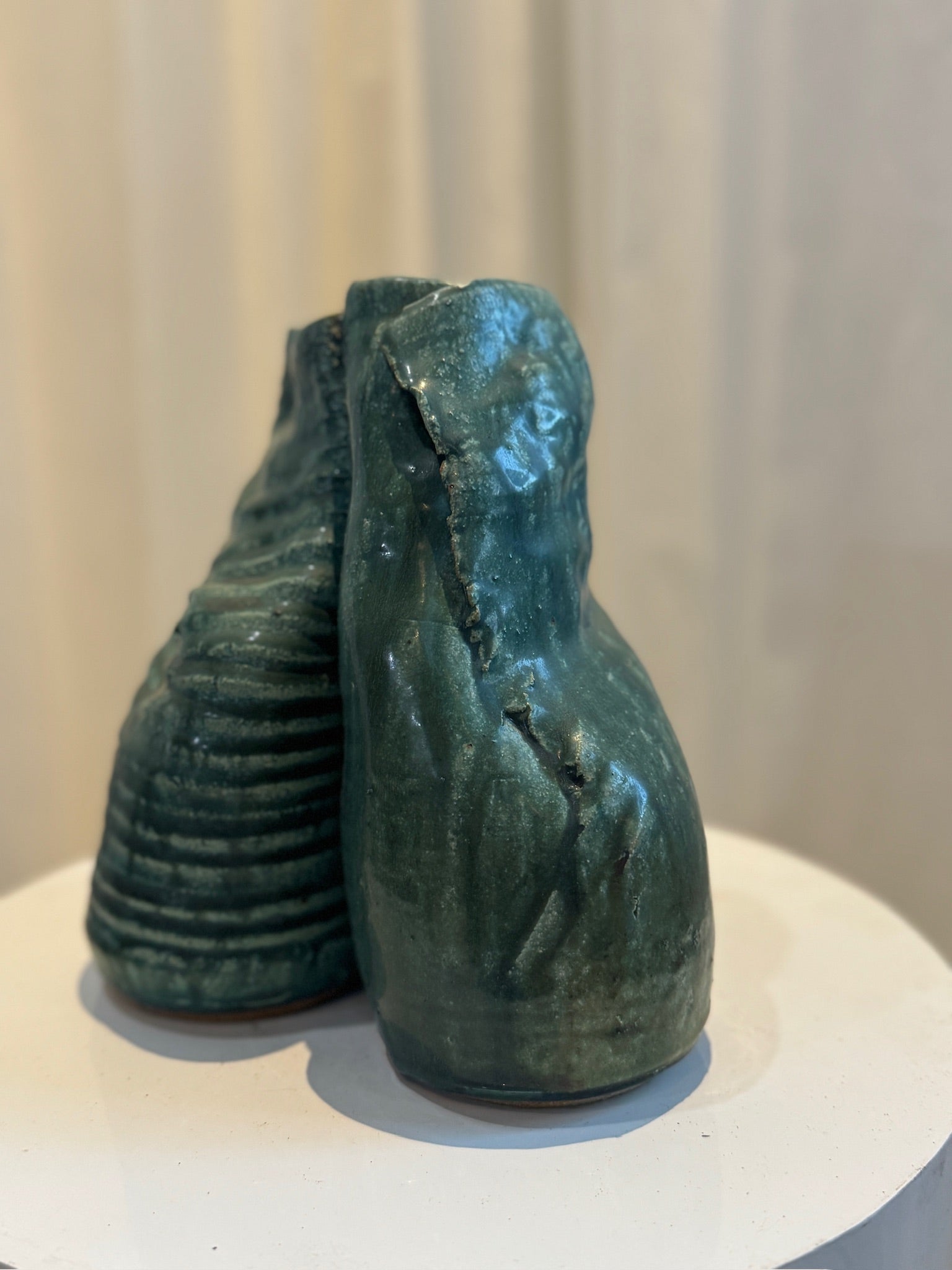 Handcrafted contemporary ceramic sculpture with organic form, mixed glazes in green and off-white tones, rich texture and artistic contrast — Hommes and Gardens, Pots + Planters Collection, Landscape Architect, Interior Designer, Outdoor Living, Art, Furniture, Objects, Best Gifts, Nature, Backyard, Yard, Outdoor Decorations, Home Decor, Home Design, Luxury Design.
