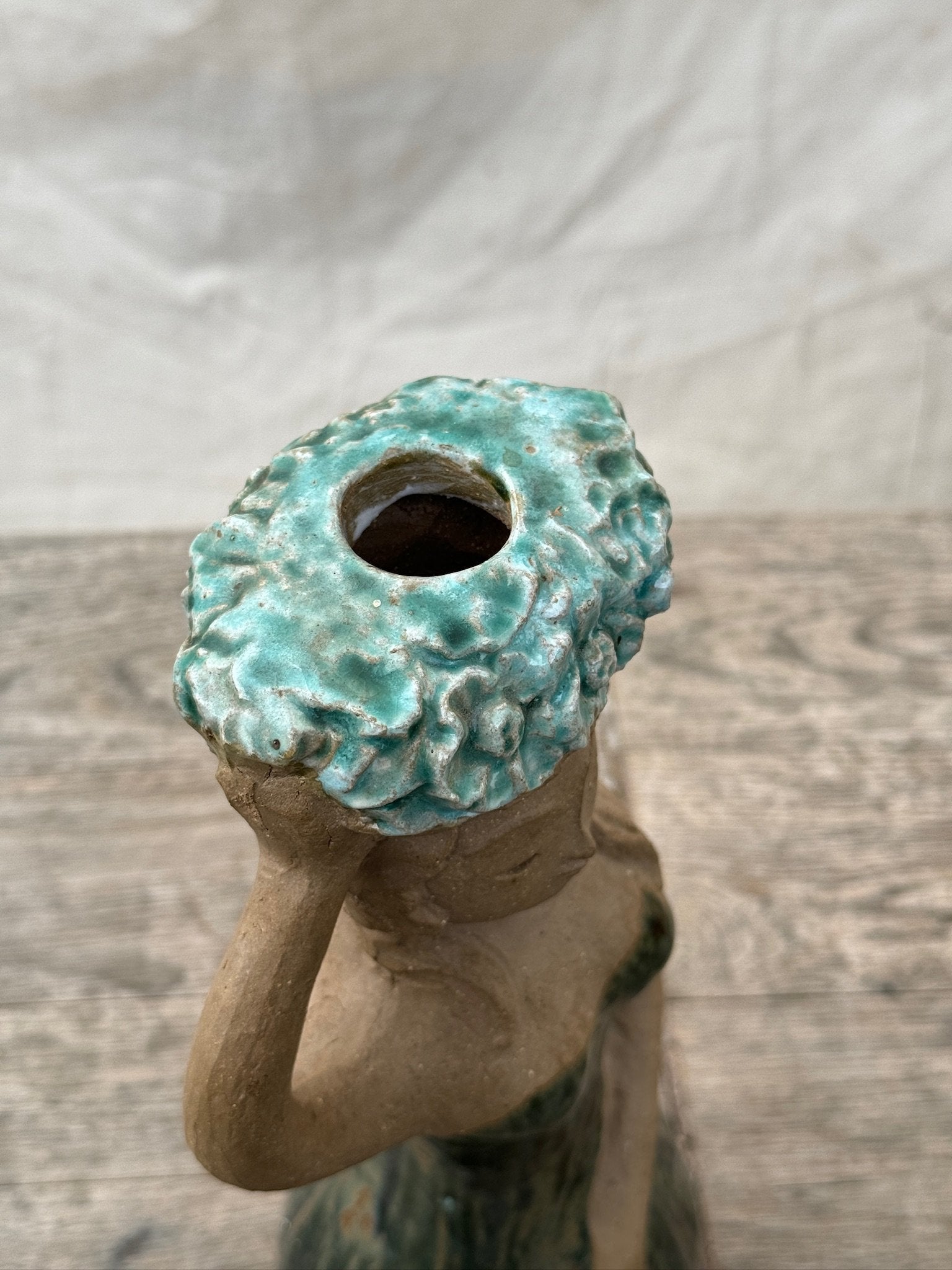 Vintage Stoneware Hungarian Mermaid Figurine Candle Holder with a textured turquoise top and graceful figure, hommes + gardens estudio.
