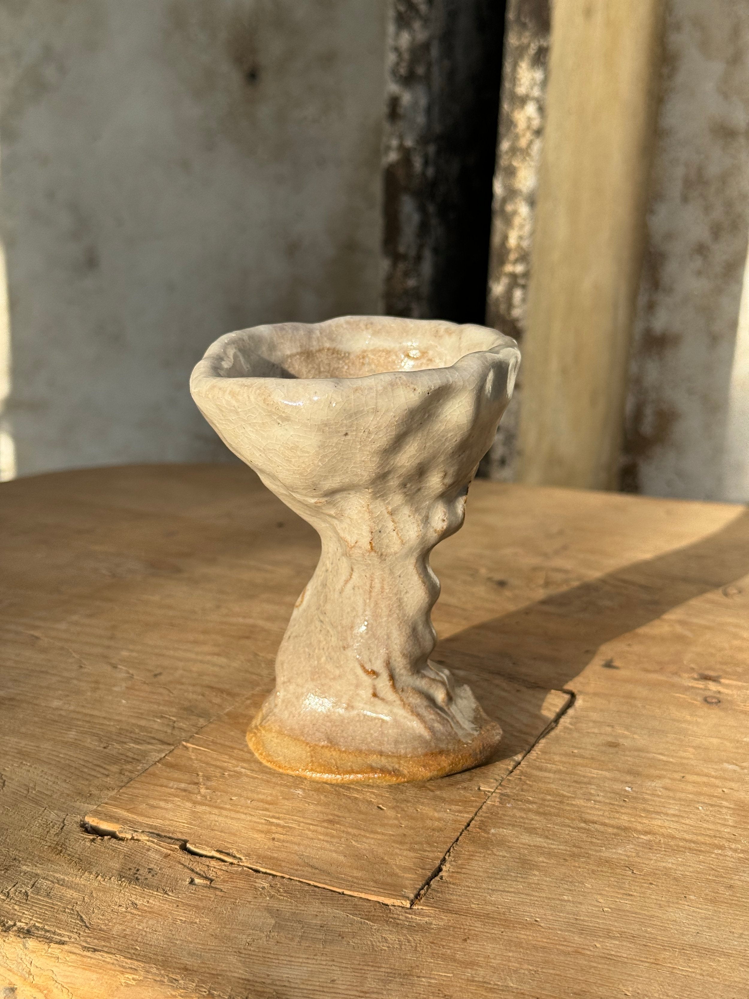 Vintage Naïve Art Pottery Goblet with Hand Pressed Stem Signed Mary, showcasing whimsical design and rustic charm. hommes + gardens estudio.