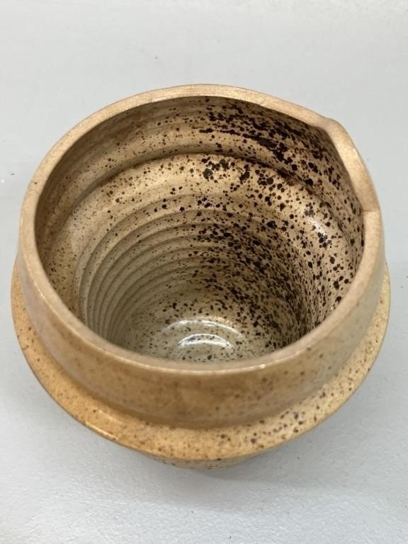 Quebec Artisan Stoneware Pottery Vase - Signed showcasing speckled cream and brown interior, handcrafted design, hommes + gardens estudio.