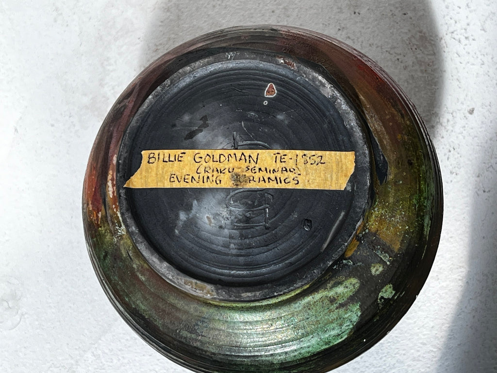 Bottom view of Raku Vintage Hand Crafted Ceramic Vase Signed Billie Goldman showcasing signature and details. hommes + gardens estudio.