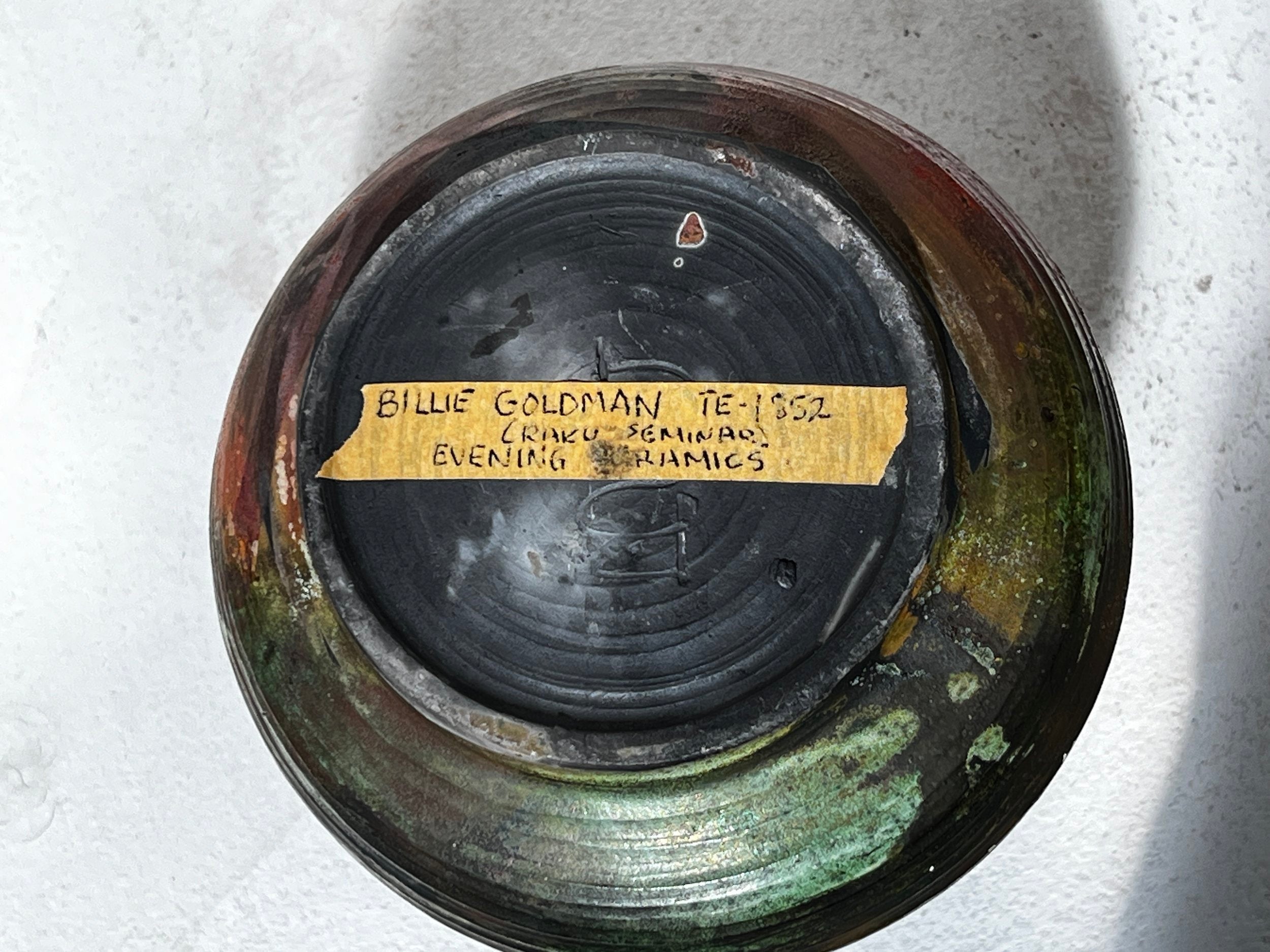 Bottom view of Raku Vintage Hand Crafted Ceramic Vase Signed Billie Goldman showcasing signature and details. hommes + gardens estudio.