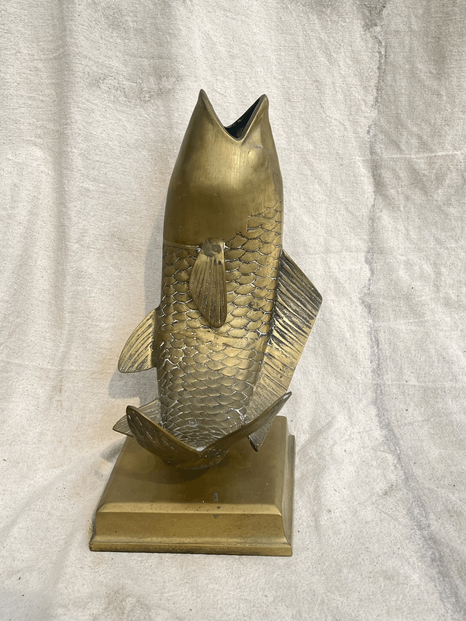 Solid Brass Fish Vase, 11.5"l x 7.5"w x 15.5"h, stunning home decor piece, hommes + gardens estudio.