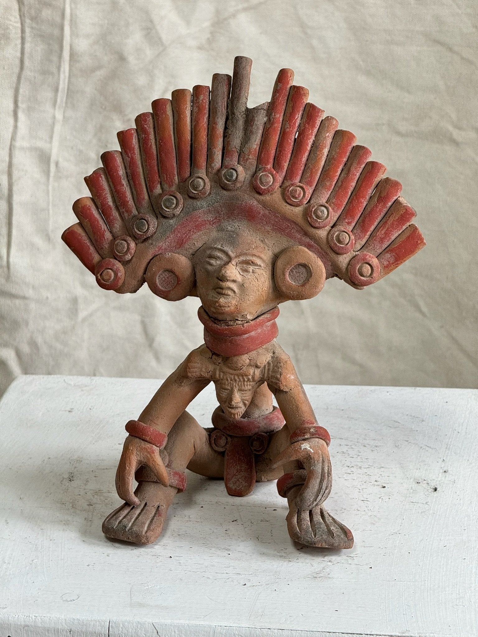 Vintage Aztec Mayan Tribal Figure showcasing intricate Mesoamerican craftsmanship, 9" H x 7.5" L x 5" W, hommes + gardens estudio.