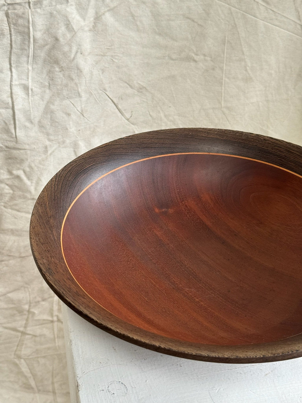Vintage Mahogany Wooden Bowl with golden stained wood ring inside, perfect for serving. hommes + gardens estudio.