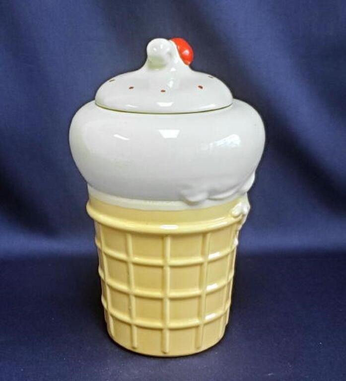 Vintage McCoy Ice Cream Cone Cookie Jar featuring textured cone and ice cream top, ideal for storing treats. hommes + gardens estudio