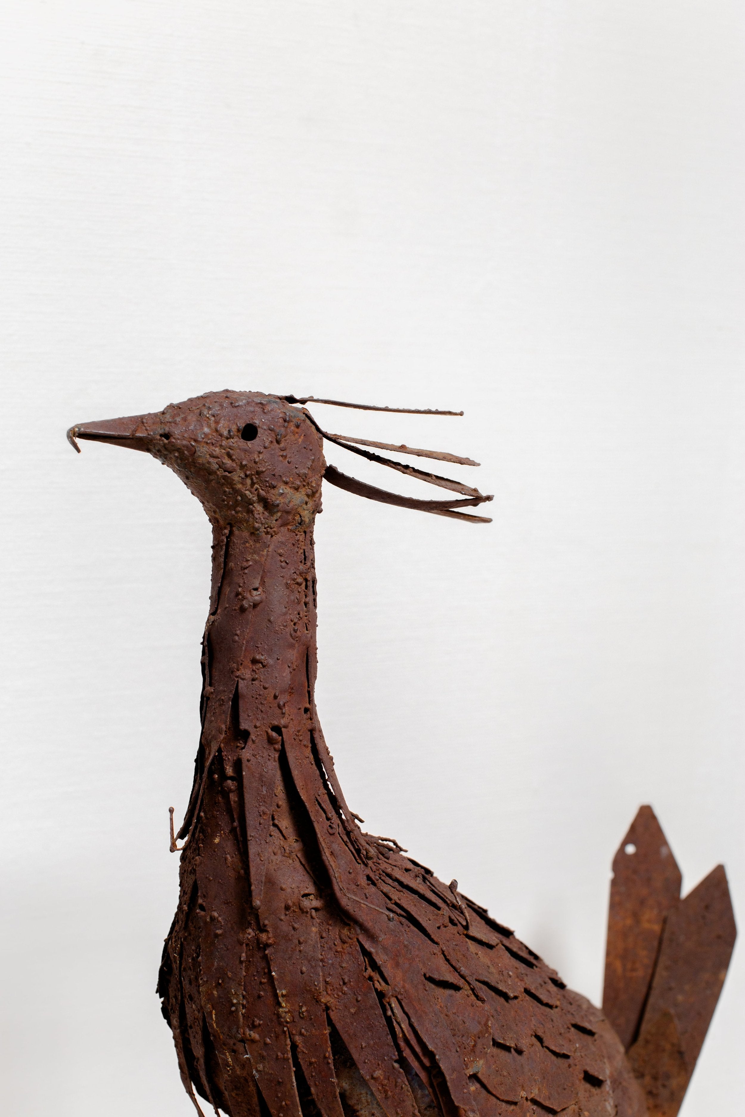 Detailed view of the VINTAGE HEAVY-GAUGE METAL PEACOCK showcasing intricate craftsmanship, perfect for vintage decor. hommes + gardens estudio.