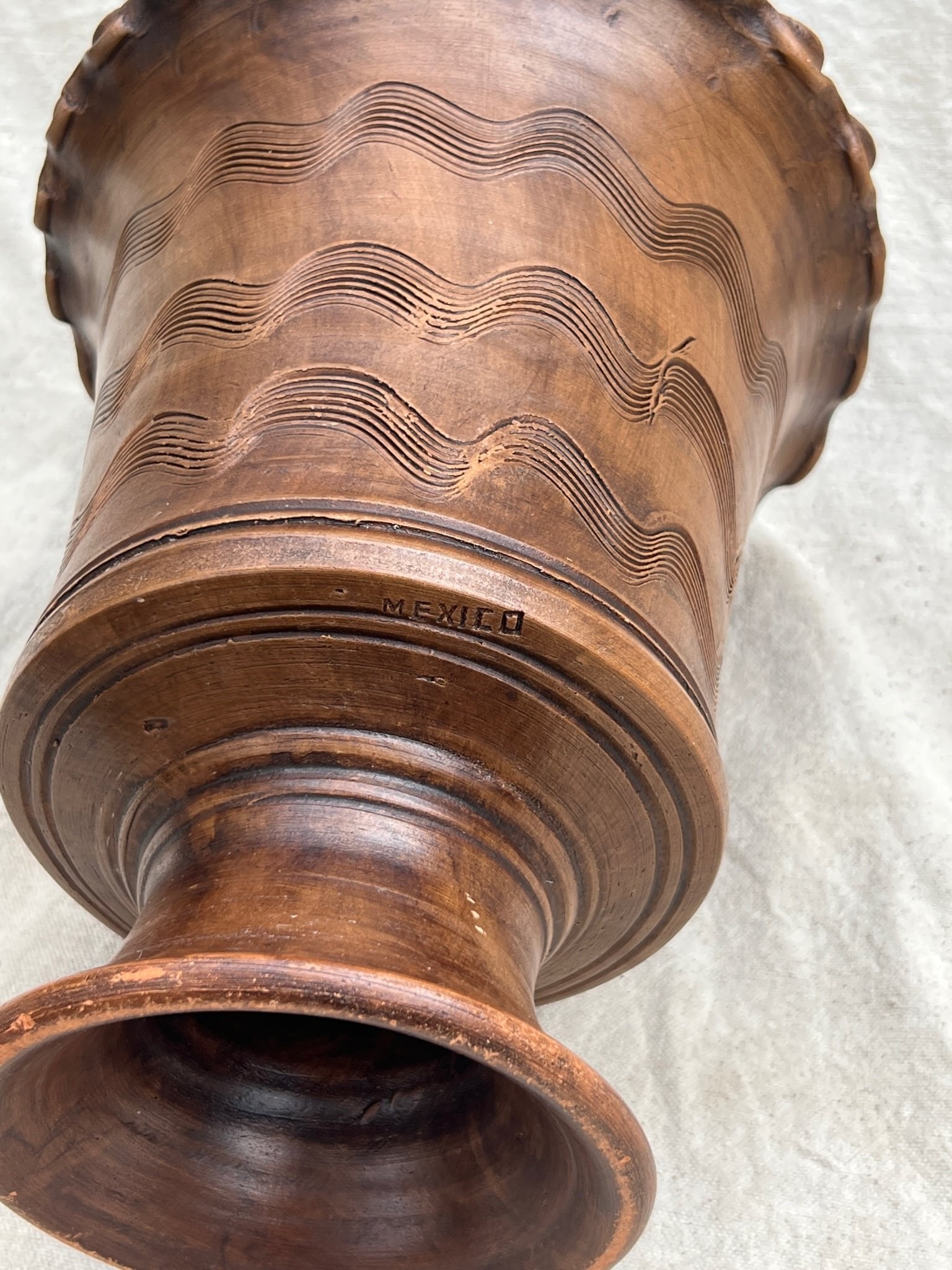 Vintage Mexican Scalloped Vase with flowing water engraving and lettuce lip, 11.5” H x 10” W, hommes + gardens estudio.