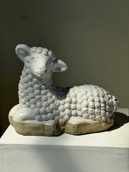 Handcrafted vintage stoneware lamb figurine in a resting pose, timeless rustic accent for home or garden — Hommes and Gardens, Home Decor Collection, Figurines, Ceramic Sculpture, Rustic Interior Design, Animal Decor, Handmade Pottery, Vintage Collectibles.