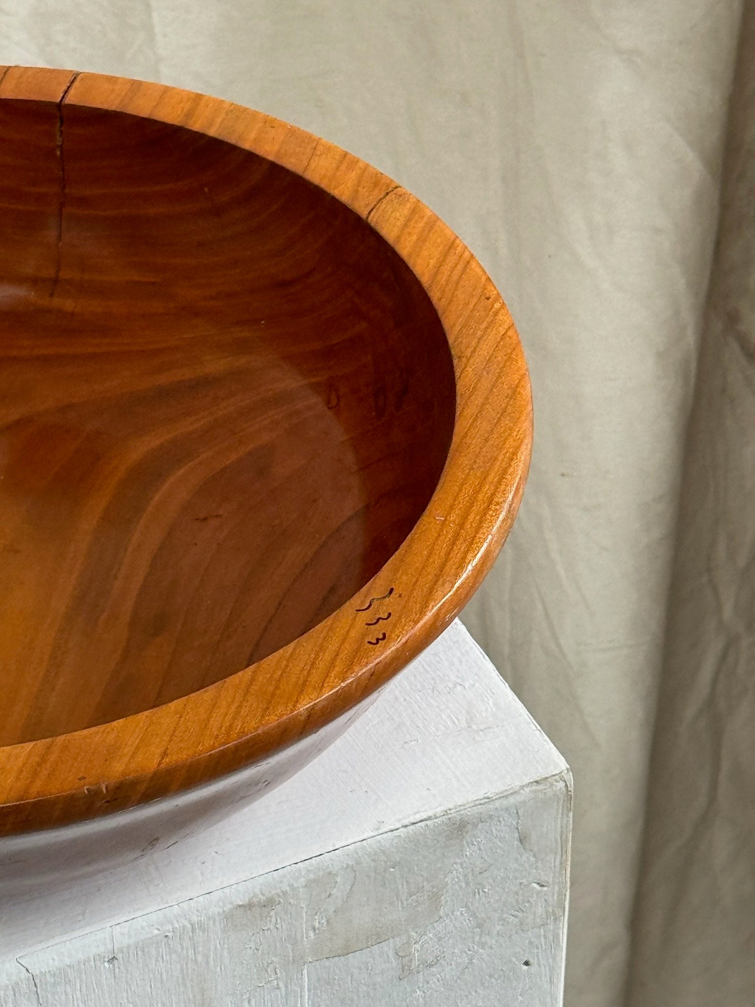 Handmade cherry wood bowl by Lorenzo, a decorative vintage piece showcasing fine craftsmanship and rich wooden texture — Hommes and Gardens, Catchall Collection, home decor, outdoor decorations, home design, luxury design, Landscape Architect, Interior Designer, Outdoor Living, Art, Furniture, Objects, Best Gifts, Nature, Backyard, Yard.