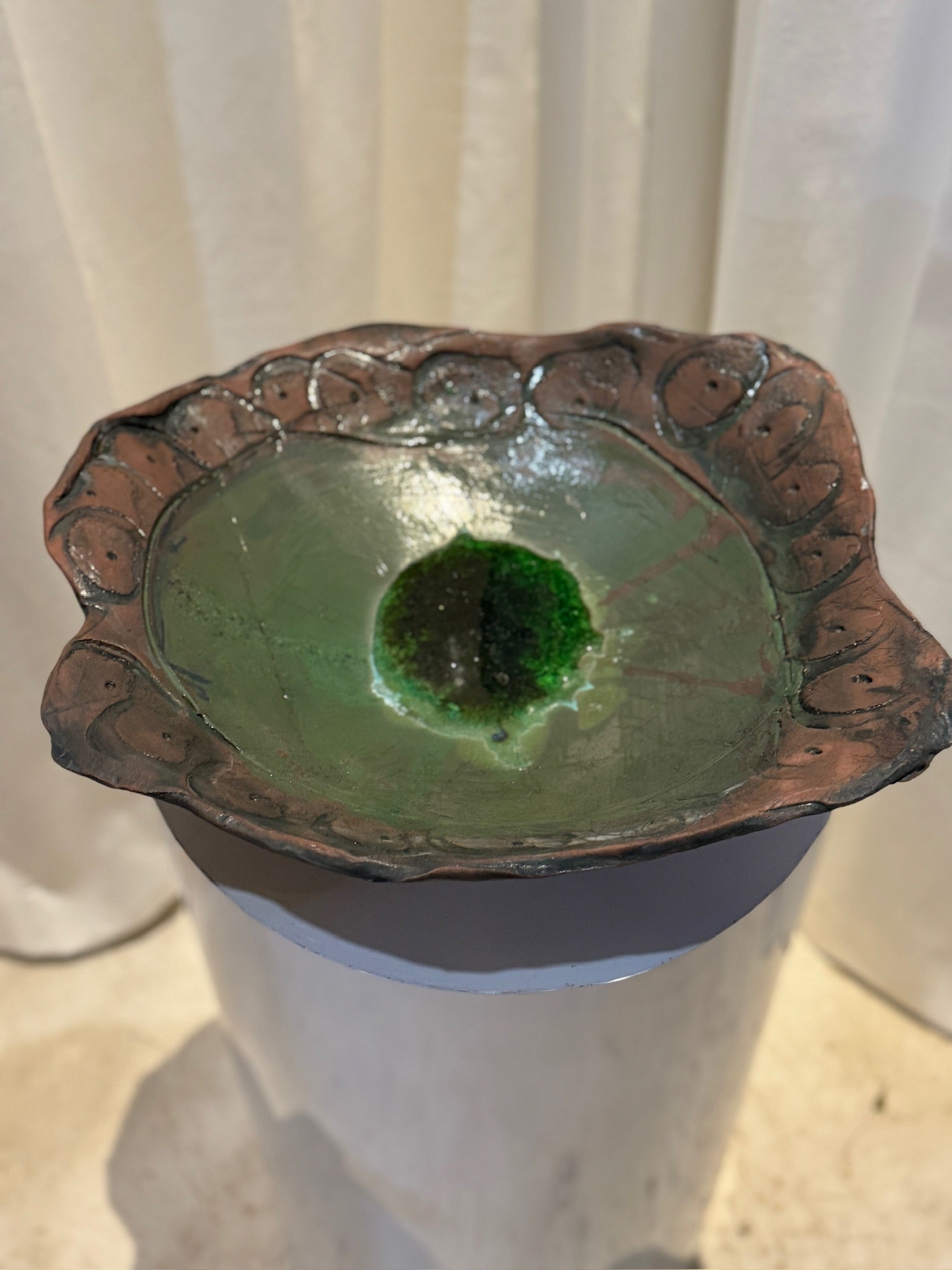 Unique Handcrafted Ceramic Art Bowl with Green Glaze and Sculptural Organic Edge - exquisite detail and color hommes + gardens estudio.