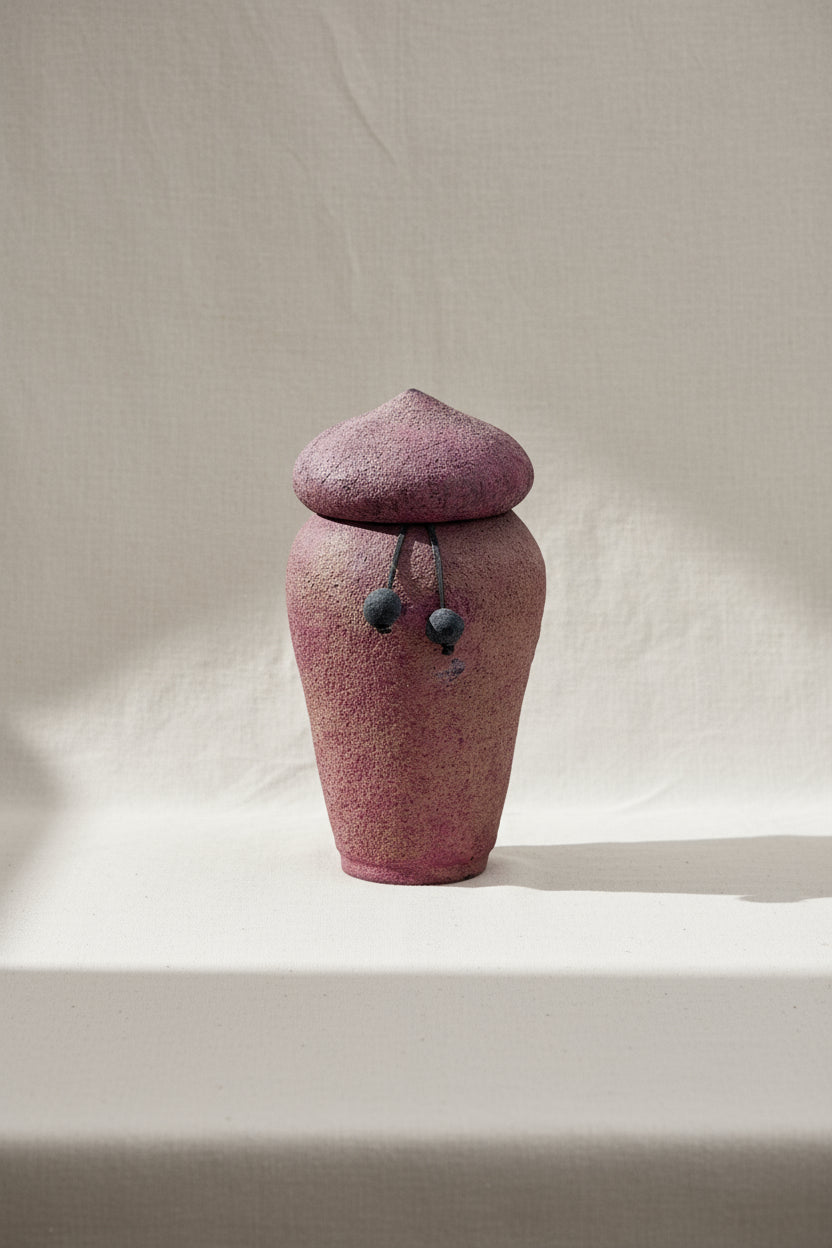 Handmade textured urn with purple and pink hues, adorned with intricate beaded accents, a vintage handcrafted ceramic pottery piece blending artistry and elegance — Hommes and Gardens, Pots & Vessels Collection, Home Decor, Outdoor Decorations, Landscape Architect, Interior Designer, Outdoor Living, Home Design, Luxury Design, Art, Furniture, Objects, Best Gifts, Nature, Backyard, Yard.