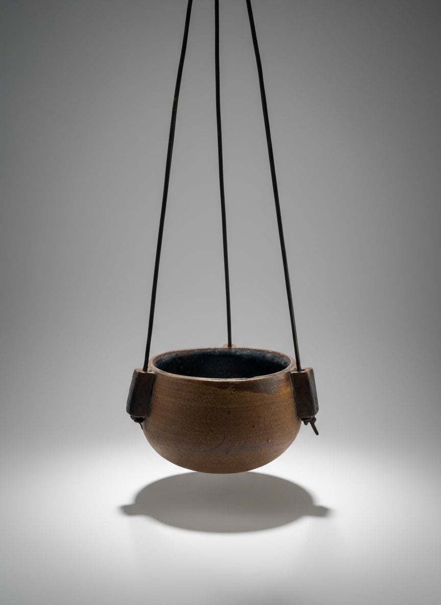 1972 Karroll Studio Pottery Hanging Planter – Rustic Ceramic with Leather, unique vintage piece, earthy brown and glossy black interior, hommes + gardens estudio.