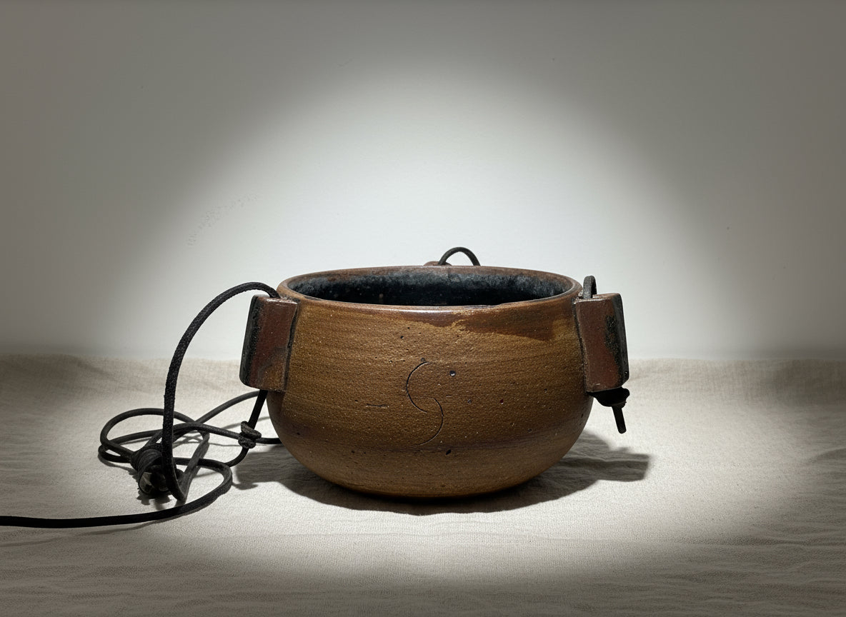 1972 Karroll Studio Pottery Hanging Planter – Rustic Ceramic with Leather displayed under soft light, highlighting its texture. hommes + gardens estudio