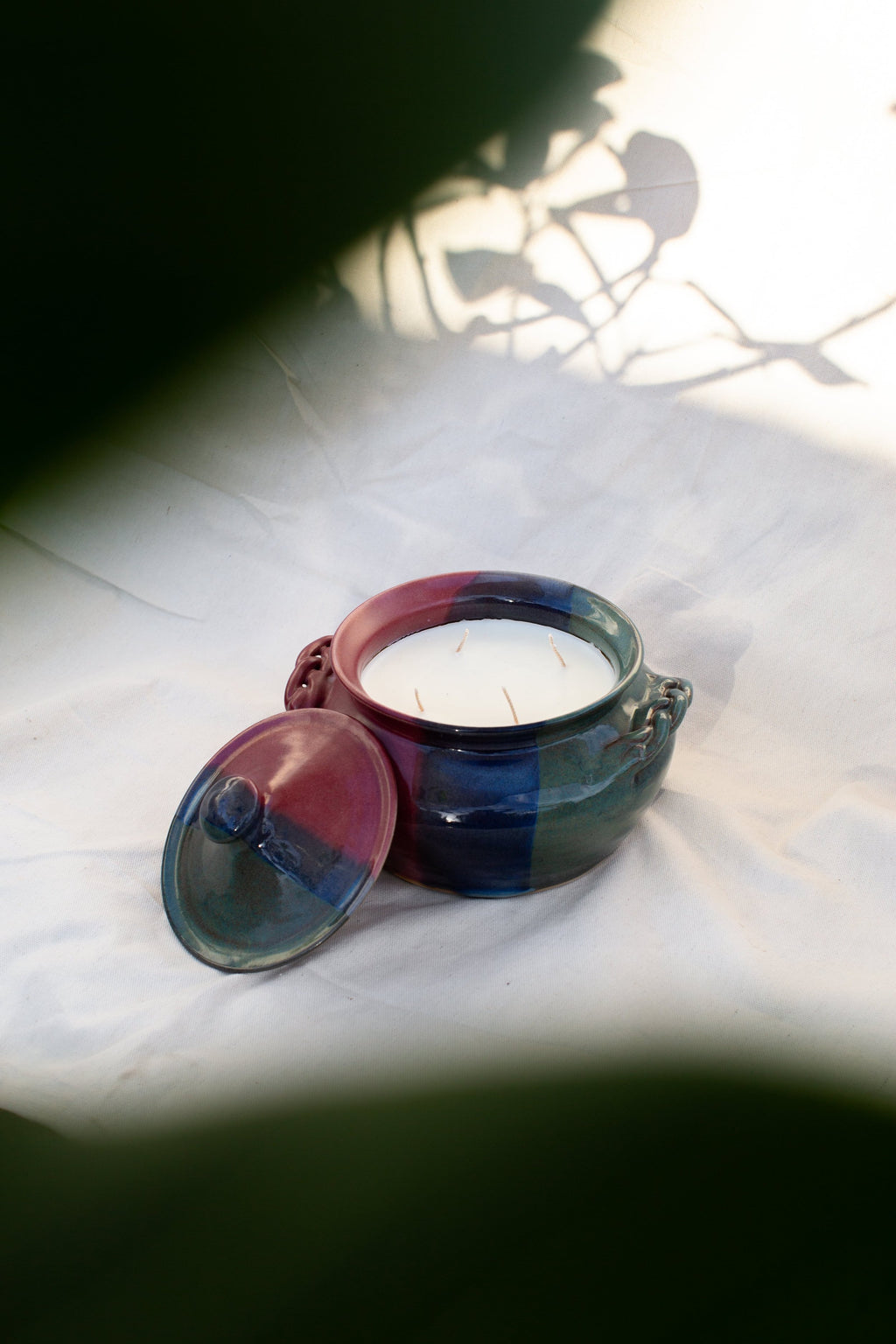 Vintage Ceramic Lidded Dish | H&G x Western Disco sitting on fabric with a light background, showcasing beautiful colors and design. hommes + gardens estudio.