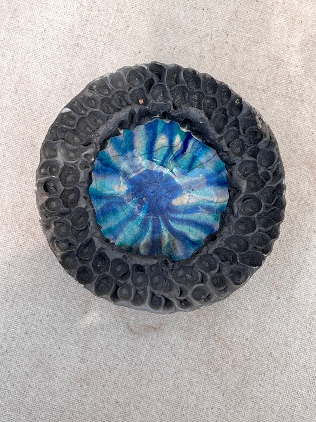 Raku Lava Bowl Vintage Volcanic Crater by Hutch Ceramics Maui showcasing a unique blue design and textured surface, hommes + gardens estudio.