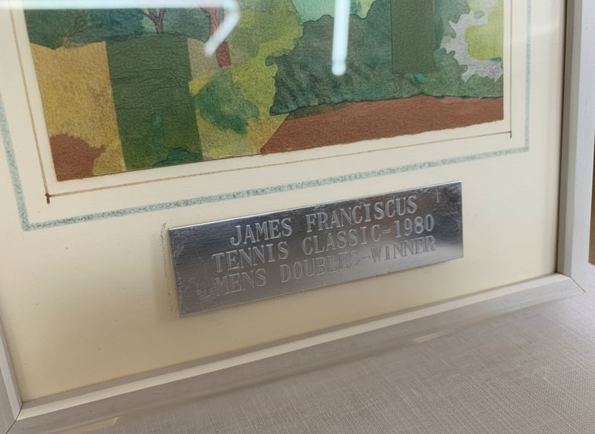 James Franciscus Tennis Classic 1980 original framed artwork with provenance from Tom Laughlin and Delores Taylor estate — Hommes and Gardens, Objects Collection, Artwork, Decorative Objects, Drawings & Illustrations, Home Decor, landscape design, plant design, Landscape Architect, Interior Designer, Outdoor Living, Outdoor Decorations, Home Design, Luxury Design, Art, Furniture, Objects, Best Gifts, Nature, Backyard, Yard.