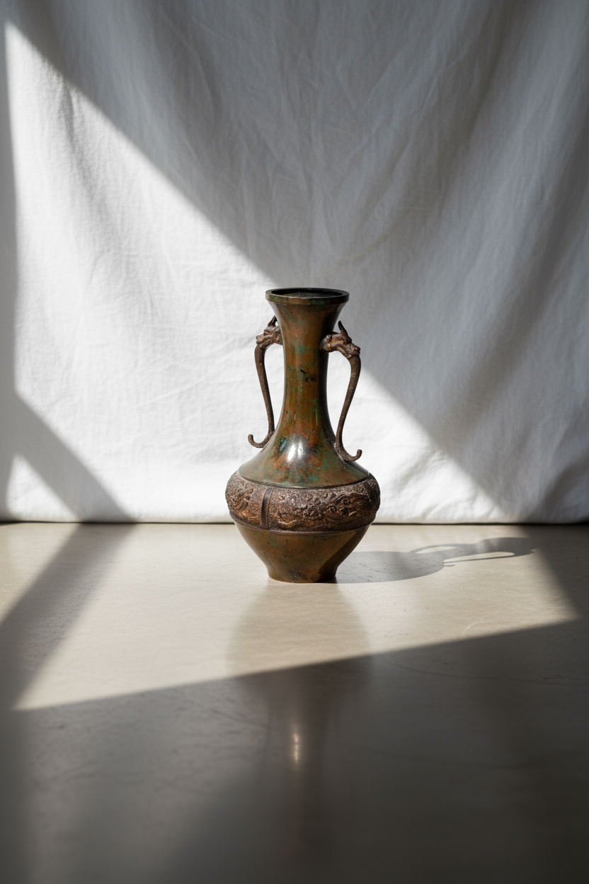 Japanese antique copper alloy vase featuring intricate dragon handles and engraved dragon motifs, showcasing exquisite craftsmanship and timeless patina — Hommes and Gardens, Pots & Vessels Collection, Home Decor, Outdoor Decorations, Landscape Architect, Interior Designer, Outdoor Living, Home Design, Luxury Design, Art, Furniture, Objects, Best Gifts, Nature, Backyard, Yard.