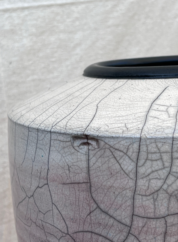 Large signed Raku pottery vase featuring a modern crackle finish, handcrafted collectible blending texture, craftsmanship, and style — Hommes and Gardens, Vases + Vessels Collection, Landscape Architect, Interior Designer, Outdoor Living, Art, Furniture, Objects, Best Gifts, Nature, Backyard, Yard, Outdoor Decorations, Home Decor, Home Design, Luxury Design.