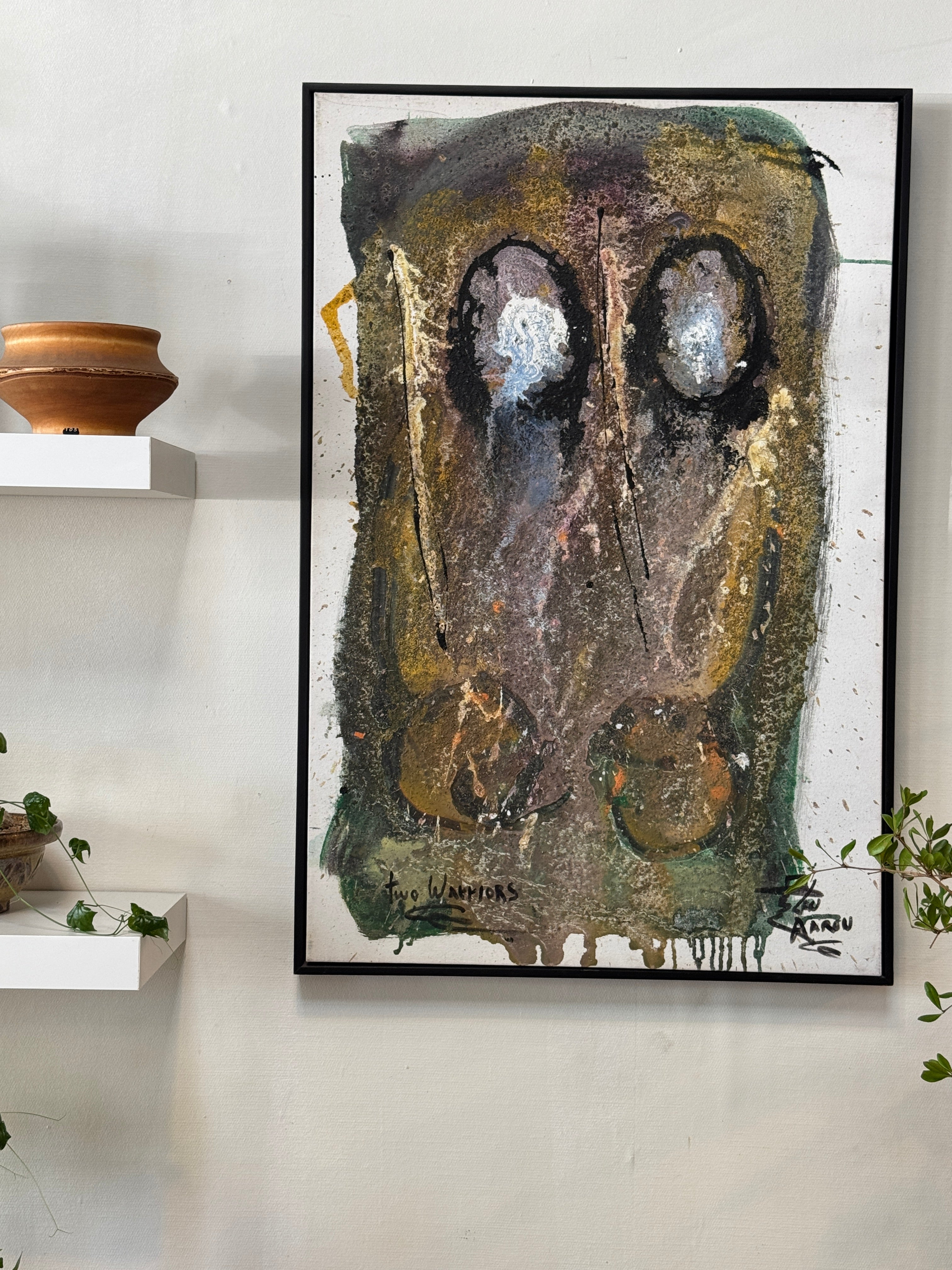 Len Aaron Original Mixed Media Abstract Painting “Two Warriors” – Large Signed Canvas Artwork, featuring spectral figures against a textured background, hommes + gardens estudio.