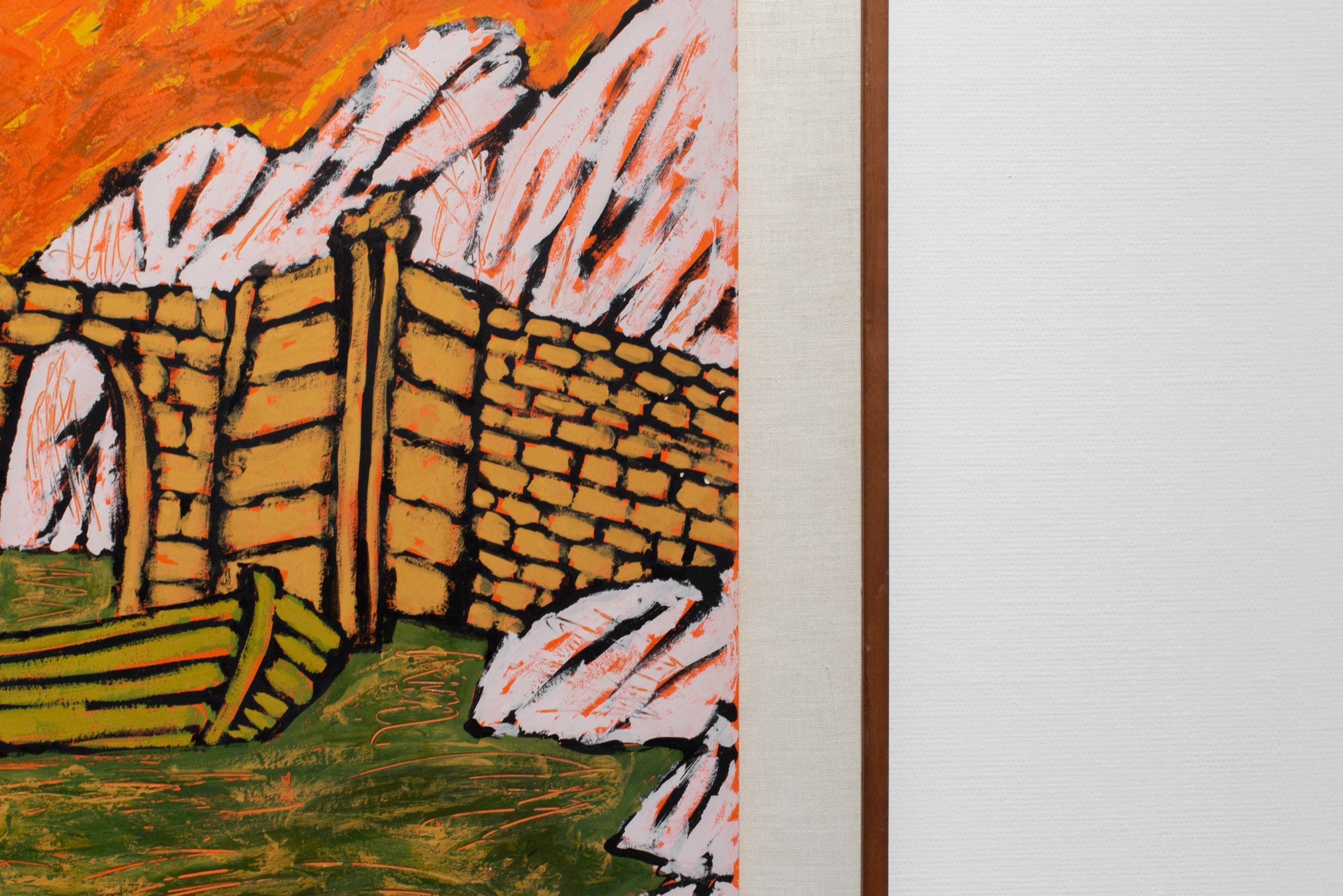 Untitled Abstract Landscape by Lionel Kalish artwork featuring a vibrant landscape with a stone structure and a boat. hommes + gardens estudio.